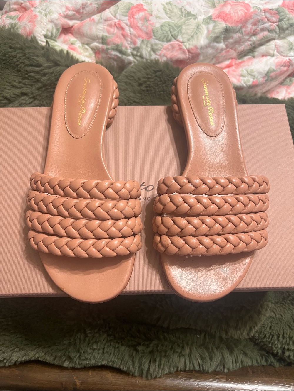 Gianvito Rossi Braided Cognac Slide Sandals